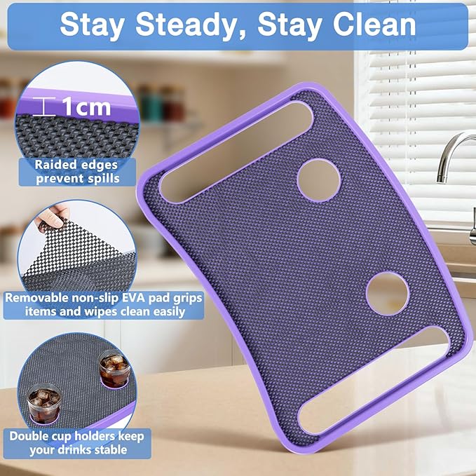 Walker Tray for Seniors with Dual Cup Holders, Side Pouch and Non-Slip Pad, Lightweight Durable Food & Drink Table, Compatible with Walker of 10210-1 Model (Purple)
