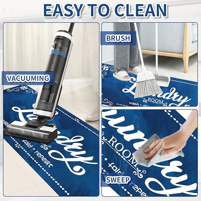 XLHOMO Laundry Room Rug Runner, 17"x60" Non Slip Navy Blue Nappa Leather Laundry Rugs, Farmhouse Washable Floor Laundry Mats for Laundry Room, Kitchen, Washroom, Bathroom, Hallway Entryway Decor