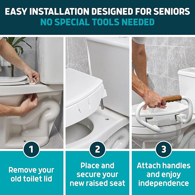 Lunderg Raised Toilet Seat with Handles - Round - Easy to Install Toilet Seat Risers for Seniors - Adds 3 Inches & Works like the one you’ve always used - Elegant design - No Hospital Vibe