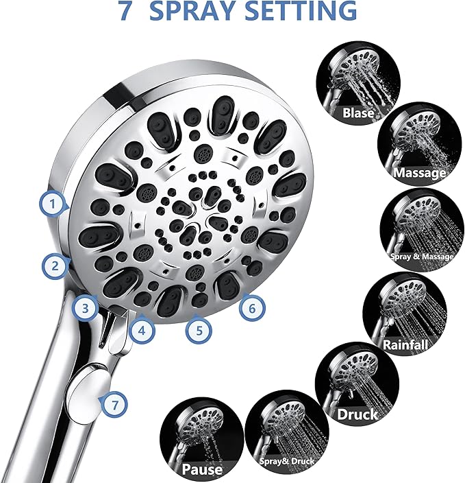 Iopsk Shower Head with Handheld 7 Spray Combo,Hand Held Showerhead with On/Off Switch,High Pressure Detachable Shower Heads with 60" Long Hose (Chrome)