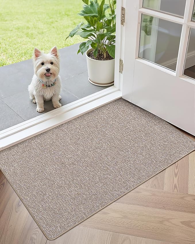 Color&Geometry Ultra Thin Indoor Door Mat (Rolled-up NO Creases) 27.5"x60", Non Slip Rubber Backed Dirt Trapper Door Mat Indoor Entrance, Low Profile Entryway Mat, Easy Clean, Light Brown Linen