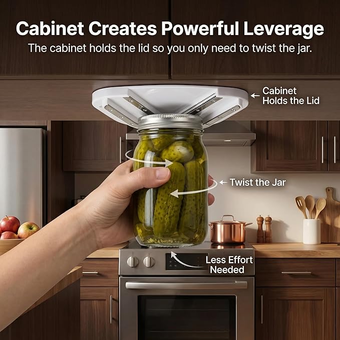 Upgraded Under Cabinet Jar Opener: Easy for Weak Hands & Seniors with Arthritis, One-Hand Jar & Can Opener - Dual Slot Design Opens Stubborn Jar & Bottle Lids - Stainless Steel Teeth - Kitchen Helper