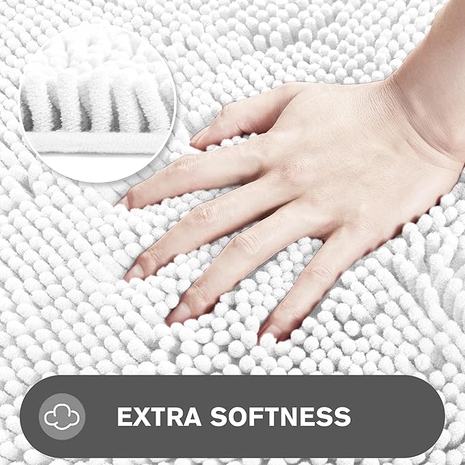 White Bathroom Rugs – Absorbent and Washable Bath Mat, Non-Slip, Thick Soft Chenille Bath Rugs for Bathroom Floor, Shower, Sink - 17" x 24"