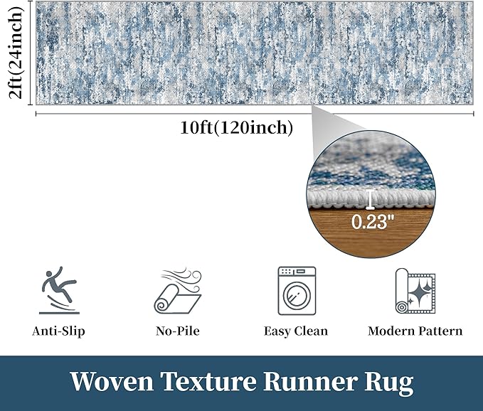 Runners for Hallways Ultra Non-Slip 2x10 Long Runner Rugs Washable Abstract Tear and Stain Resistance No Pile Lightweight Modern Rug Runners for Entryway, Kitchen, Walkway, Ocean Blue