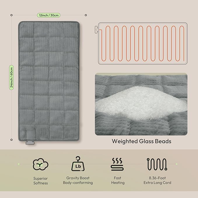 GOTCOZY Weighted Heating Pad 12"X24" - Electric Heat Pad for Back Neck Shoulder Pain Relief,6 Heat Settings,3H Auto Shut Off, Birthday Gifts for Women Men, Dad, Mom (Light Grey)