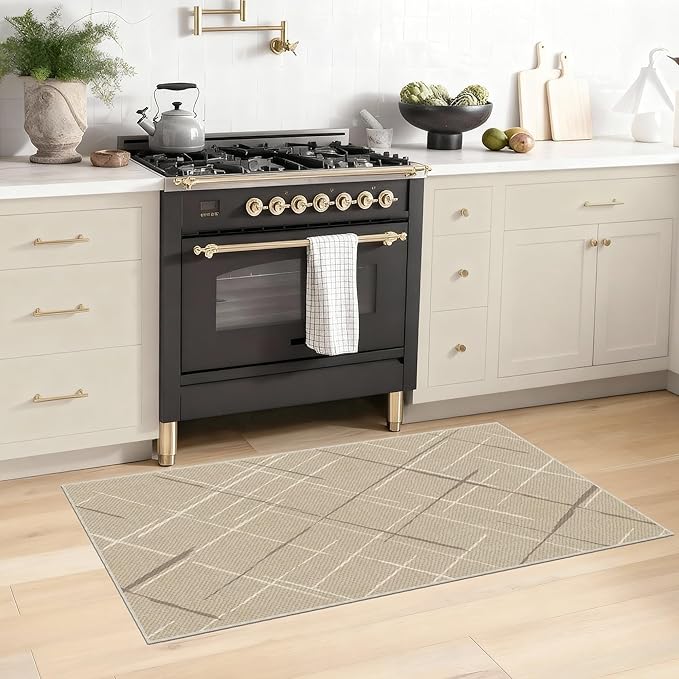 Beige Runner Rug Ultra Non-Slip 2x4 Washable Bedroom Rugs Modern Tear and Stain Resistance No Pile Hand-Woven Style Lightweight Runners for Hallways, Kitchen, Laundry Room, Bedside, Beige