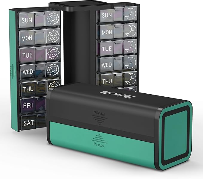 Pill Organizer 7 Day AM PM, Discreet 2 Times a Day Weekly Pill Box with Double Protection Shell, Large Capacity Portable Vitamin Case for Travel Meds & Medicine Organizer (Black and Green)