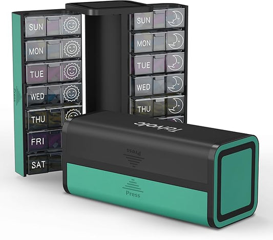 Pill Organizer 7 Day AM PM, Discreet 2 Times a Day Weekly Pill Box with Double Protection Shell, Large Capacity Portable Vitamin Case for Travel Meds & Medicine Organizer (Black and Green)