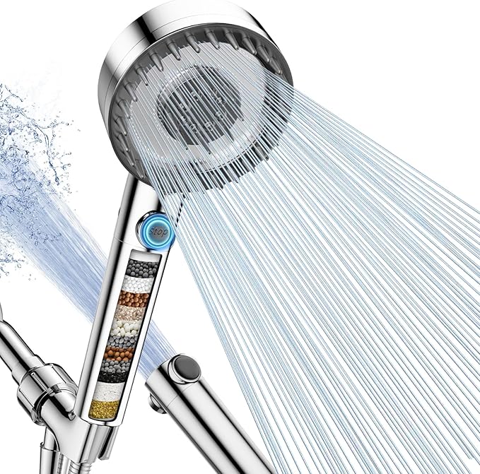 PWERAN Filtered Shower Head with Handheld, High Pressure 4 Spray Mode Showerhead with Filters, Water Softener Beads for Hard Water with ON/OFF Switch for Pets - Remove Chlorine (Chrome, 5 Inch Panel)