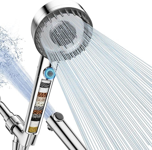 PWERAN Filtered Shower Head with Handheld, High Pressure 4 Spray Mode Showerhead with Filters, Water Softener Beads for Hard Water with ON/OFF Switch for Pets - Remove Chlorine (Chrome, 5 Inch Panel)
