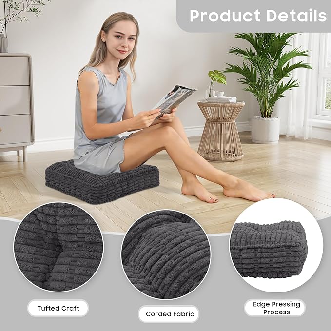 idee-home Recliner Cushions for Elderly, 20x20x5 Inch Corduroy Recliner Seat Cushion Tufted, Large Square Seat Cushion for Recliner Chair, Floor Pillow, Boosting Support Reduce Hip & Lumbar Pain, Grey