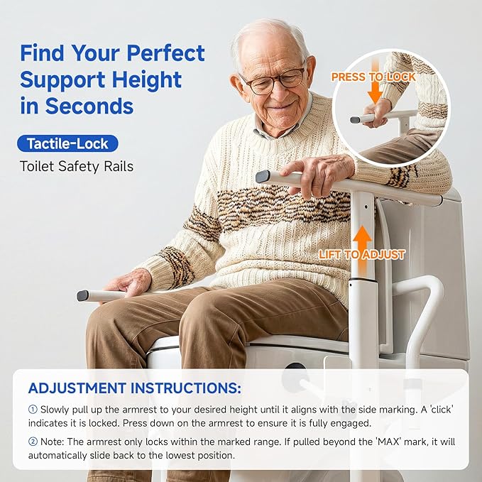 Toilet Safety Rails for Seniors, 350lbs Heavy Duty Toilet Safety Frame & Grab Bars, Triple Stability with 2 Suction Cups & Rear Bar, Adjustable Height & Width Toilet Rail