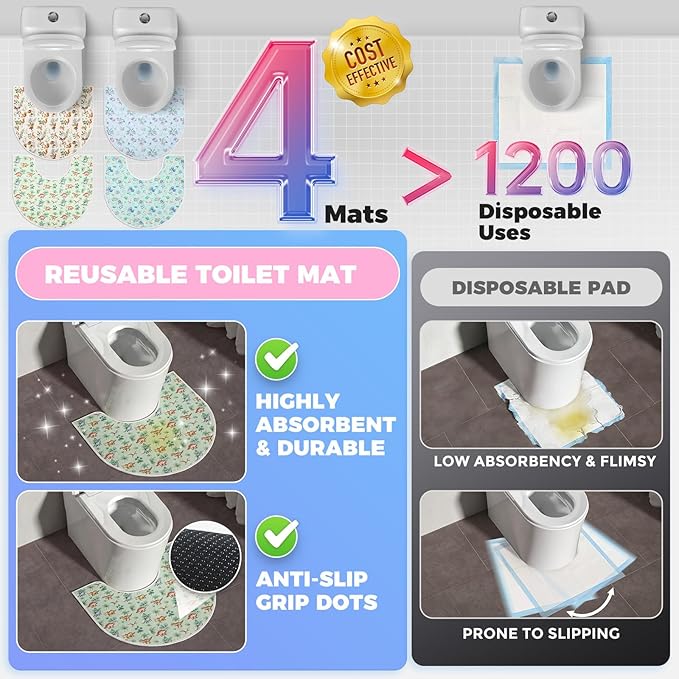 Washable Commode Potty Training Mats, Super Absorbent Reusable Toilet Training Rug for Kids, Leak-Proof & Non-Slip Adult Incontinence Toilet Mat, Bathroom Floor Protector Pads 4 Pack
