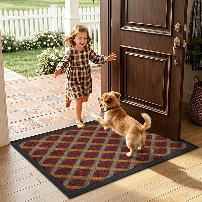 LUMI Front Door Mat 17x30, Low-Profile Non-Slip Welcome Mat for Indoor Outdoor, Stain & Fade Resistant Geometric Door Mat for Entryway Patio Porch, Weave-Rust