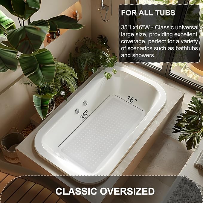 TEESHLY Bath Mat for Tub & Shower, Non Slip Soft Bathmat with Suction Cups & Drain Holes, Machine Washable Bathtub Floor Liner Mats for Bathroom, 35x16 Inch, White