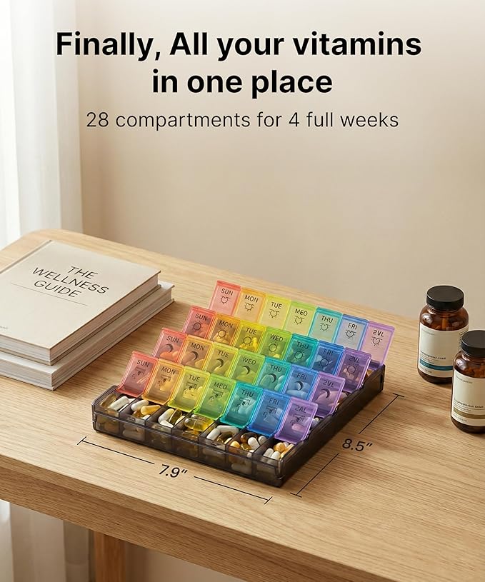 Weekly Pill Organizer 4 Times a Day – Monthly Medication Organizer with Quick-Fill Bottom Opening for Fast Refill, 7 Day Morning Noon Evening Night Pill Box, 28 Large Compartments for Daily Medicine