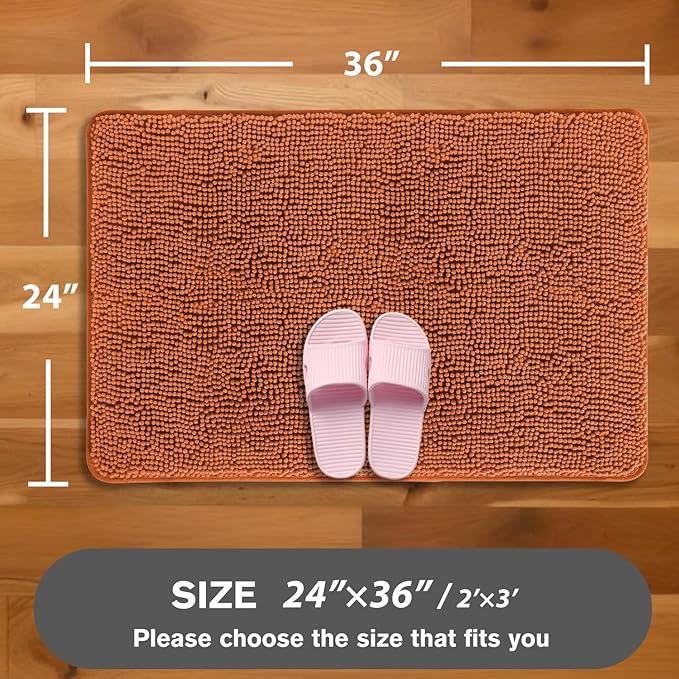 Burnt Orange Bathroom Rugs – Absorbent and Washable Bath Mat, Non-Slip, Thick Soft Chenille Bath Rugs for Bathroom Floor, Shower, Sink - 24" x 36"