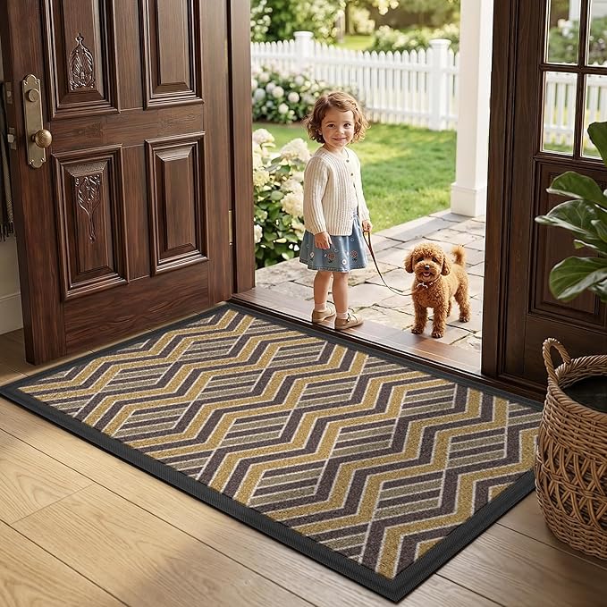 LUMI Front Door Mat 30x48, Low-Profile Non-Slip Welcome Mat for Indoor Outdoor, Stain & Fade Resistant Geometric Door Mat for Entryway Patio Porch, Zig-Amber