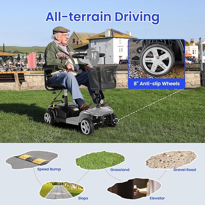 Wooken Mobility Scooters for Seniors, Adults, 4 Wheels Foldable Powered Mobility Scooter 264 lbs All Terrain, Compact Heavy Duty Electric Powered Wheelchair with Seat for Travel, Smart Safety System