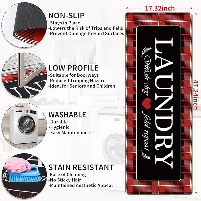 XLHOMO Laundry Room Rug Runner, 17"x47" Buffalo Plaid Non Slip Red Laundry Rugs, Farmhouse Washable Floor Laundry Mats for Laundry Room, Mudroom, Kitchen, Washroom, Bathroom, Entryway Rugs Decor