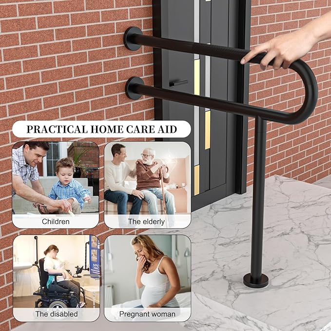 Toilet Support Rail 31.3X 31.5 Inch, Munzong Anti-Slip Black Handicap Grab Bar for Bathroom, Stainless Steel Knurled Safety handrails with Leg for Elderly Disabled Pregnant-1.25’Tube
