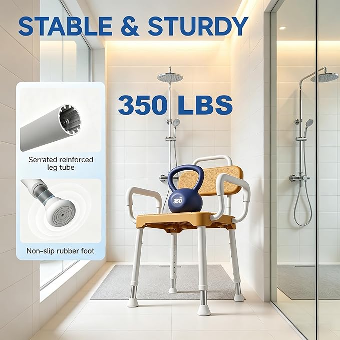 Shower Chair for Bathtub, Adjustable Height 15.7"–21.2" Bath Stool with Removable Backrest and Arms, Rust-Resistant Aluminum Frame, Non-Slip Rubber Feet, Supports 350 lbs， Brown