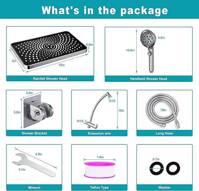 GwernKB Rain Shower Heads with Handheld Spray Combo,Fixed Showerhead&8-Mode Handheld Shower Head with 79 Inches Extra-long Stainless Steel Hose and Low-Reach Adhesive Wall Mount for Elderly