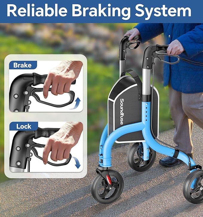 SOUNDFUSE 3 Wheel Walkers for Seniors, Lightweight Foldable Aluminum Rollator Walker, Height Adjustable Three Wheel Walker, Blue
