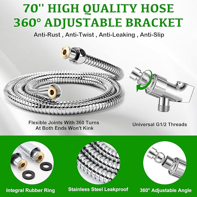 High Pressure Shower Head with Handheld - OHDAY® 6-Mode Powerful Showerhead with 70'' Stainless Steel Hose, Adjustable Bracket and Built-in Power Wash to Clean Tub Tile Pets Bathroom Corner