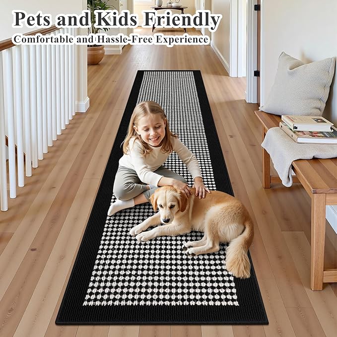 Ileading Runner Rug for Hallways 2.6'x12' Heavy-Duty Durable Entryway Floor Mat with Non Slip Rubber Backing Low-Pile High Traffic Carpet Machine Washable Accent Rug for Kitchen Helloween(Black&White)