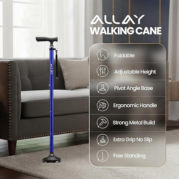 Allay Walking Canes for Men & Women - Adjustable Canes for Women for Stability, Self Standing Wide Quad Pivot Base, Light Weight, Soft Handle Grip and Travel Bag, Walking Sticks for Seniors & Adults
