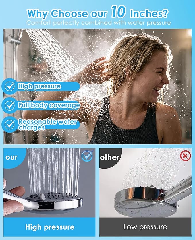 Jafeton High Pressure Rainfall Shower Head with Handheld Spray Combo – 5 Spray Modes, 10" Rain Shower, Anti-Clog Nozzles, Rust-Resistant Chrome Plating & Brass, Flexible Extension Arm