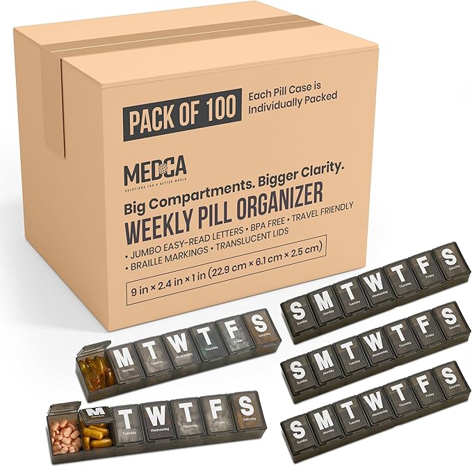 Weekly Pill Organizer - Extra Large with Easy to Read Jumbo Letters Vitamin Container, BPA Free - Daily Travel 7 Day Medication Pill Box Case, (Black, Case of 100)