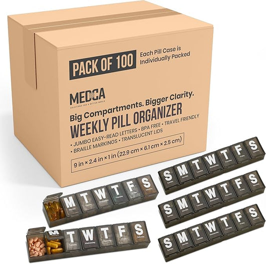 Weekly Pill Organizer - Extra Large with Easy to Read Jumbo Letters Vitamin Container, BPA Free - Daily Travel 7 Day Medication Pill Box Case, (Black, Case of 100)