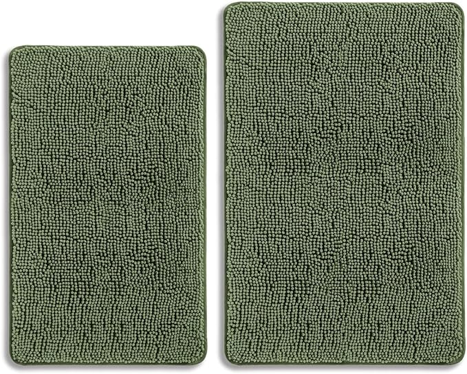 Loden Green Bathroom Rugs Sets 2 Piece – Absorbent and Washable Bath Mat, Non-Slip, Thick Soft Chenille Bath Rugs for Bathroom Floor, Shower, Sink - 20" x 32"+24" x 36"
