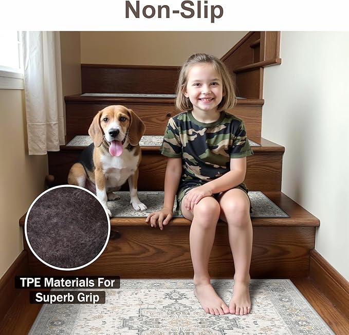 sarben Non Slip Stair Treads for Wooden Steps 1PCS - 30"x30" Indoor Safety Carpet, Edging Mats with TPE Adhesive Backing, Pet and Elderly Friendly Stair Rugs (Taupe)
