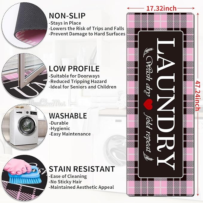 XLHOMO Laundry Room Rugs and Mats, 17"x47" Buffalo Plaid Pink Laundry Room Rug Runner Washable Non Slip, Farmhouse Laundry Mats for Floor, Mudroom, Kitchen, Washroom, Bathroom, Entryway Carpet Decor