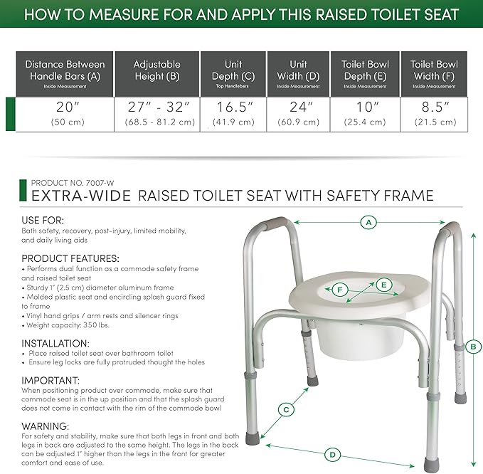 PCP Extra-Wide Raised Toilet Seat and Safety Frame, Two-in-One, Adjustable Height, Elevated Lift Bowl, Wide