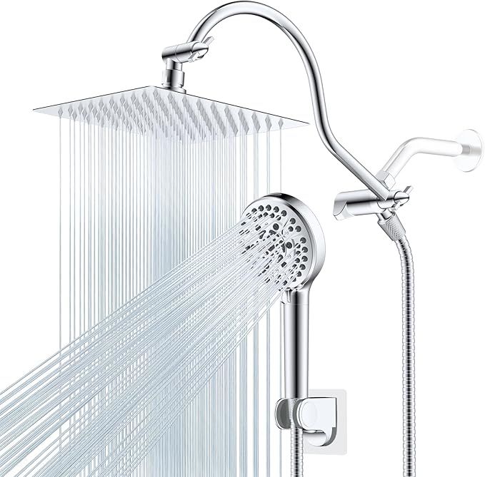 Hibbent All Metal CUPC Certified Shower Head, 8'' High Pressure Rainfall Shower Head, Handheld Showerhead Combo, 12'' Adjustable Extension Arm, 10 Sprays, 71'' Shower Hose, Showerhead Holder, Chrome
