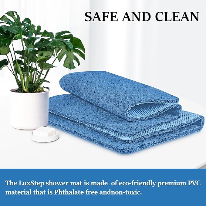 LuxStep Shower Mat Bathtub Mat,36x16 inch, Non-Slip Bath Mat with Drain, Quick Drying PVC Loofah Bathmat for Tub,Shower,Bathroom (Lake Blue)