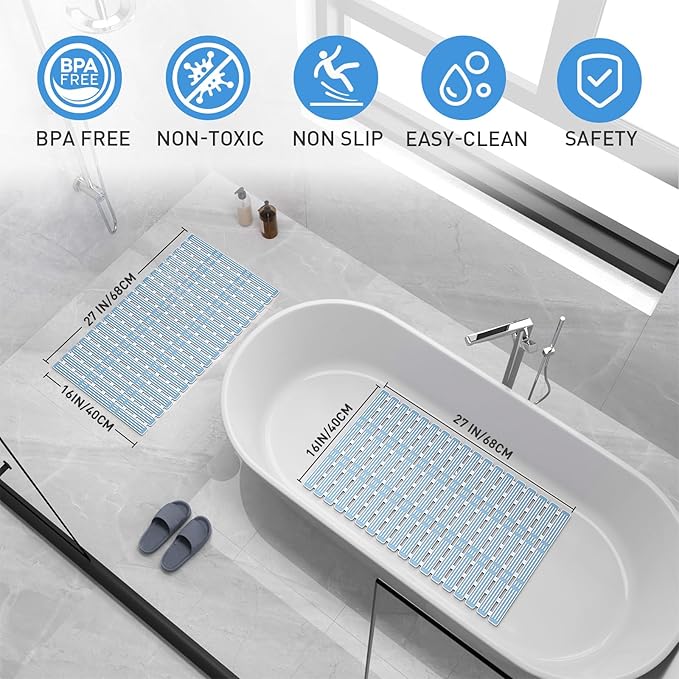 XIYUNTE Shower Mat Non Slip Bath Mat for Tub - 27 X 16 Inch TPE Bathtub Mat Non Slip Shower Mats for Inside Shower, Bath Tub Mat with Powerful Suction Cup, Easy to Cut and Dry, Blue