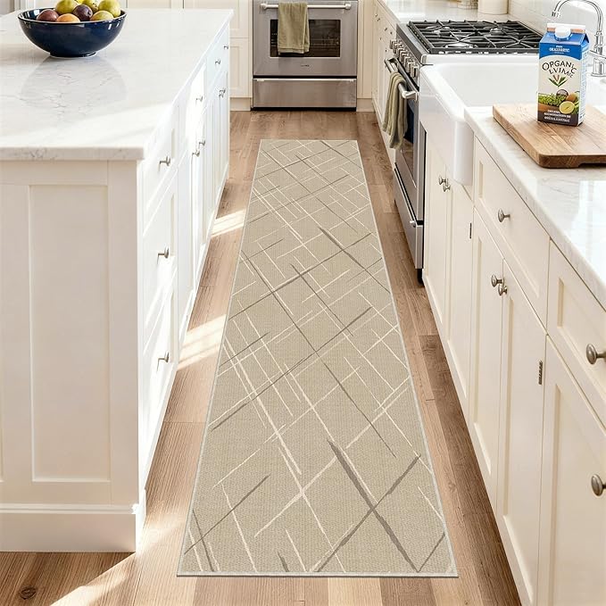 Beige Runner Rug Ultra Non-Slip 2x8 Washable Entryway Rug Modern Tear and Stain Resistance No Pile Hand-Woven Style Lightweight Runners for Hallways, Kitchen, Laundry Room, Bedside, Beige