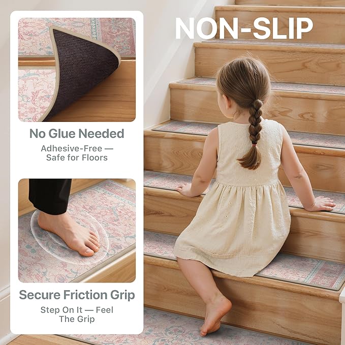 Non Slip Stair Treads for Wooden Steps 15PCS - 8"x30" Indoor Safety Carpet, Edging Mats with TPE Adhesive Backing, Pet and Elderly Friendly Stair Rugs (Light Pink Blue)
