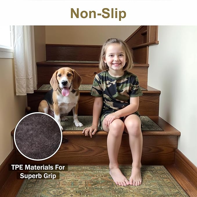 sarben Carpet Stair Treads Non Slip 1PCS, 30" X 30"Edging Stair Runner for Wooden Steps Indoor, Resistant Stair Rugs with Reusable TPE Adhesive Backing, Residue Free Mat for Kids,Pets,Vintage Sage