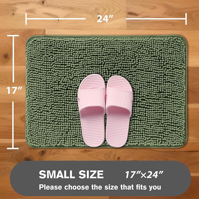Loden Green Bathroom Rugs – Absorbent and Washable Bath Mat, Non-Slip, Thick Soft Chenille Bath Rugs for Bathroom, Shower, Sink - 17" x 24"