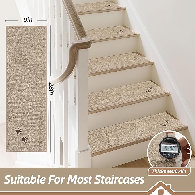 BEQHAUSE Stair Treads for Wooden Steps 28inX9in, Non Slip Carpet Stair Treads Indoor Stair Runners Machine Washable, Soft Stair Rugs Mat Surface Polyester TPE Backing, 15pcs, Beige