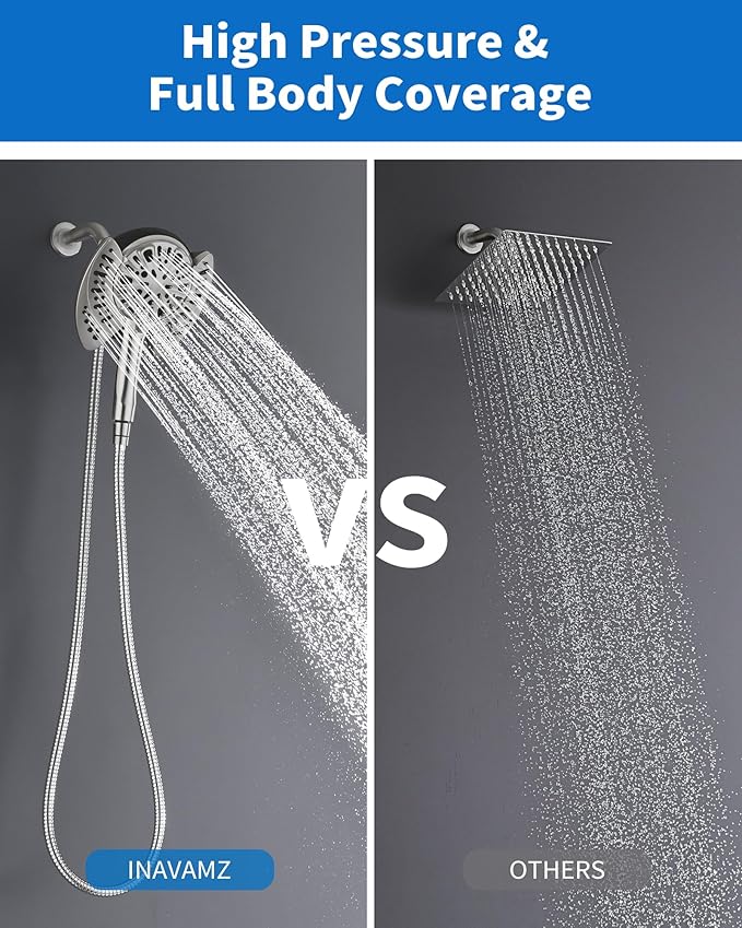 INAVAMZ 2-in-1 Shower Head with Handheld Combo: Rainfall Shower Head & Detachable Shower Head Use Together or Alone, 9 Spray Settings Showerhead with Hose Nickel, Shower Trim Systems