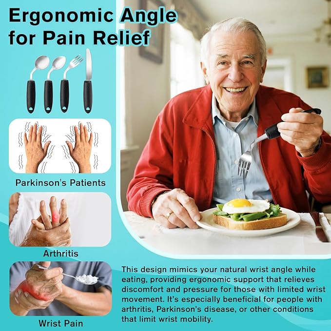 AuntyFey 4Pcs Weighted Adaptive Utensils, 45°Angled Parkinsons Utensils for Elderly, Weighted Utensils for Hand Tremors, 3.5oz Weighted Built Up Utensils for Parkinson, Disabled, Black, Left-Handed