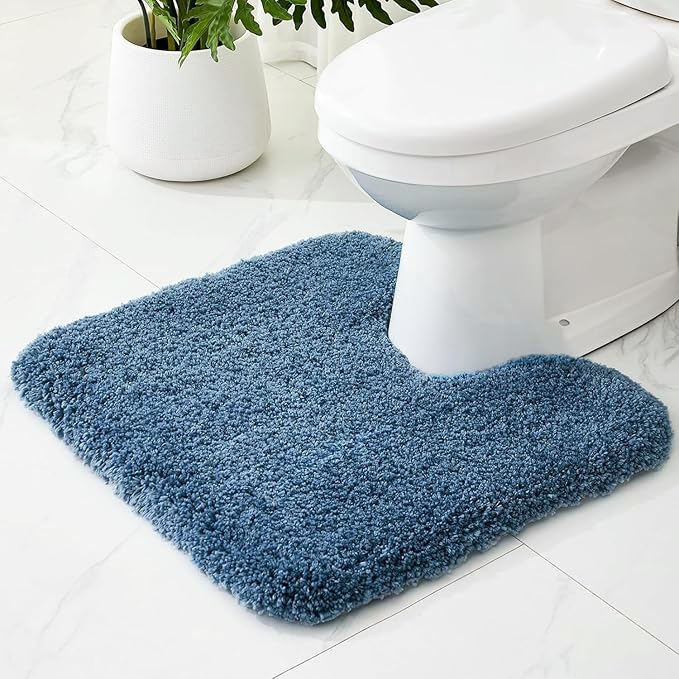 White Toilet Rugs U Shaped Washable, 24x22 Contour Bath Rugs for Toilet, Luxury Ultra Soft Microfiber U-Shaped Toilet Rug, Non Slip Absorbent Machine Washable Bathroom Mat for Toilet, Blue