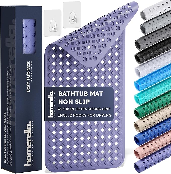 Bathtub Mat Non Slip 35x16 - homerella® Bath Mat Incl. Hooks for Drying, Extra Long, 100% BPA Free, Shower Mat Non Slip Anti Mold, Machine Washable, Shower Mats for Inside Shower Mildew Resistant